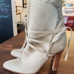 Brian Atwood Tan Suede Shearling Heeled Ankle Boot